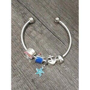 Cruise Charm Ship Starfish Palm Tree Dolphin Anchor Silver Tone Cuff Bracelet